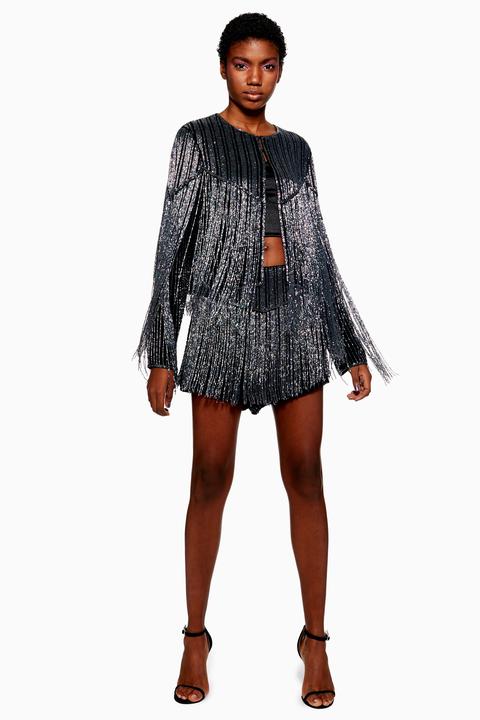 Womens Fringe And Beaded Shorts - Black, Black