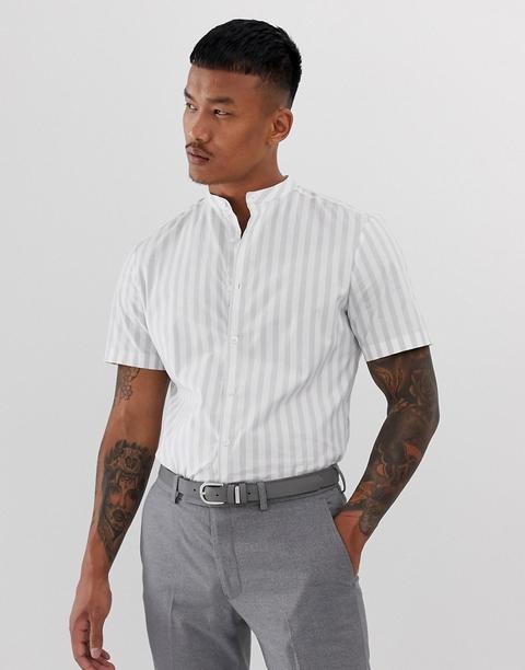 Asos Design Slim Fit Grandad Collar Shirt In Grey Stripe