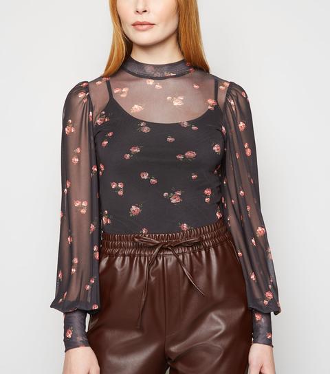 Black Rose Mesh Puff Sleeve Top New Look