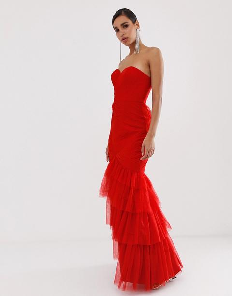 Vestido Largo Palabra De Honor De Tul Con Escote En Forma De Corazón Y Diseño Escalonado En Rojo De Bariano