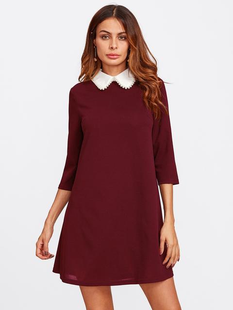 Pearl Beaded Contrast Collar Keyhole Back Dress