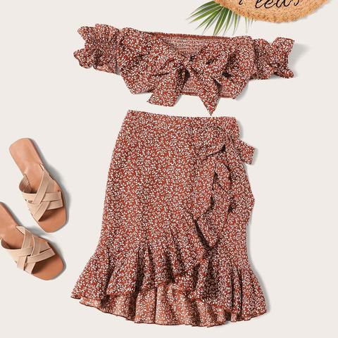 Knotted Shirred Floral Bardot Top & Ruffle Wrap Skirt Set