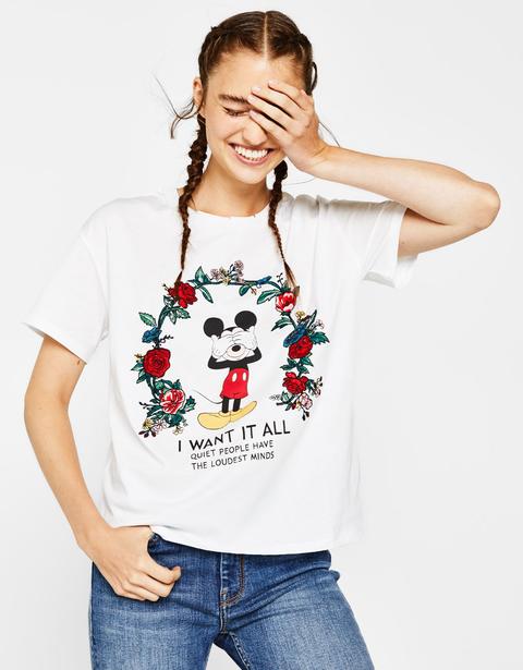 Camiseta Mickey Con Bordado De Flores