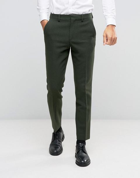 Pantalones De Traje De Corte Slim En Tejido De 100% Lana De Color Caqui De Asos