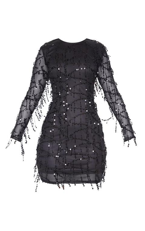 black sequin detail long sleeve mini dress