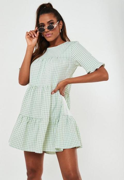 Mint Gingham Tiered Frill Smock Dress, Mint