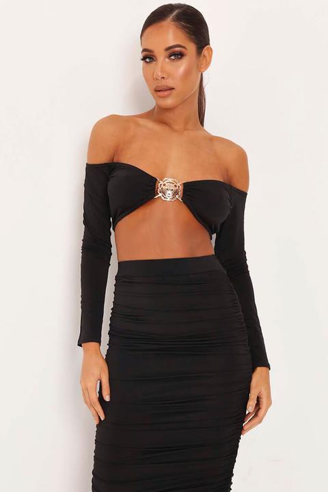 Black Metal Buckle Detail Long Sleeve Slinky Crop Top