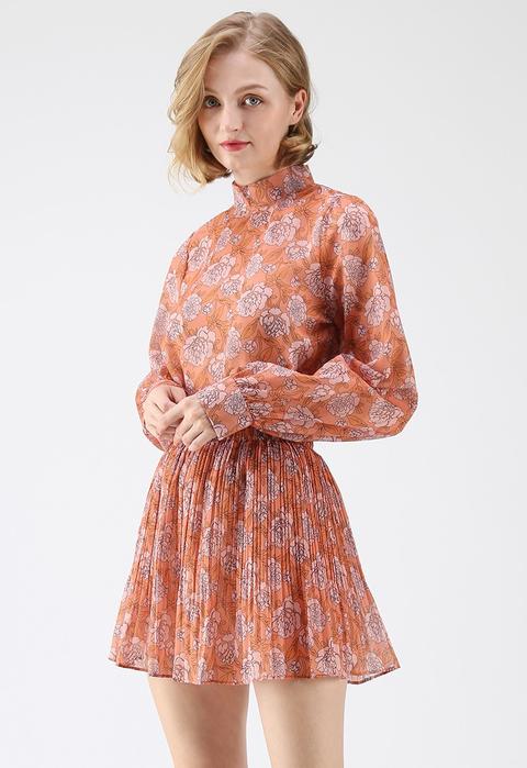 Brilliance Floral Chiffon Top And Skort Set In Orange