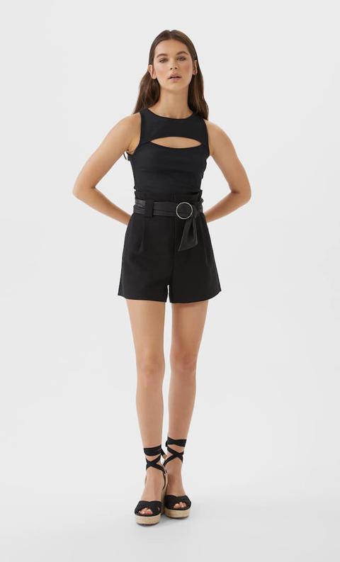 Stradivarius Shorts Con Pince E Cintura Femminile Nero Xs