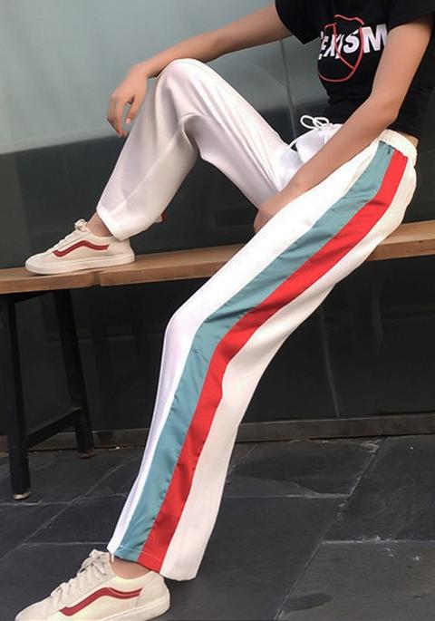 Pantaloni Tasche A Righe Coulisse Vita Casuale Bianco