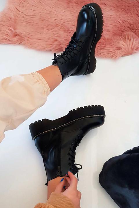 Black Pu Chunky Lace Up Biker Boots