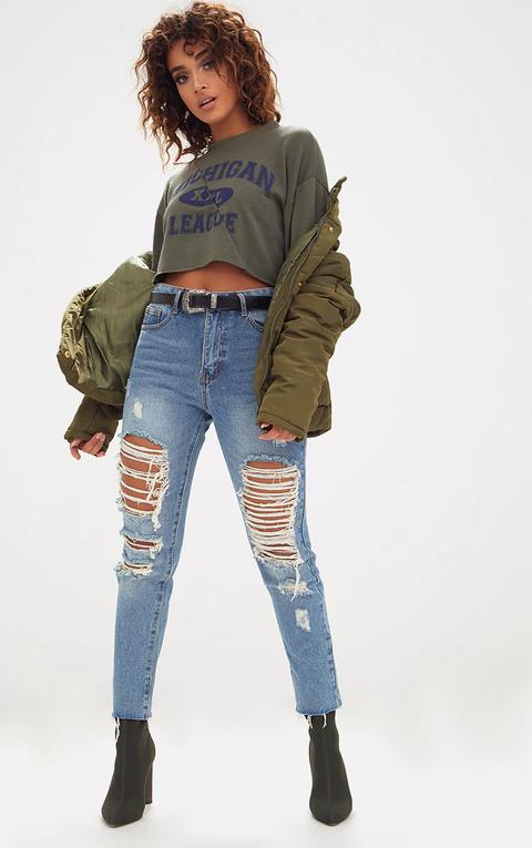 Mid Wash Frayed Rip Straight Leg Jean, Mid Blue Wash