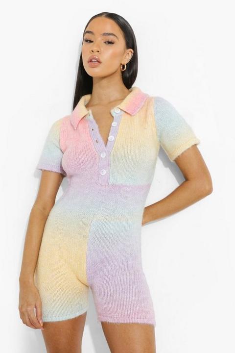 Womens Ombre Knitted Playsuit - Pink - M, Pink