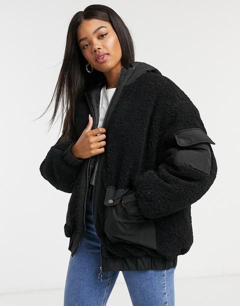 Asos Design Fleece Patched Bomber Jacket In Black