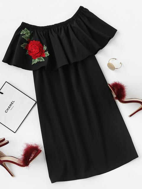 Flounce Layered Neckline Rose Patch Dress