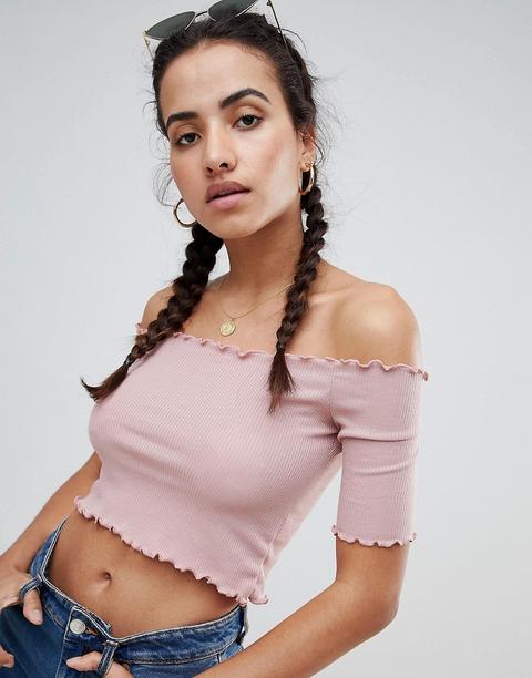 Prettylittlething - Top Corto Con Scollo Alla Bardot E Ruches - Rosa