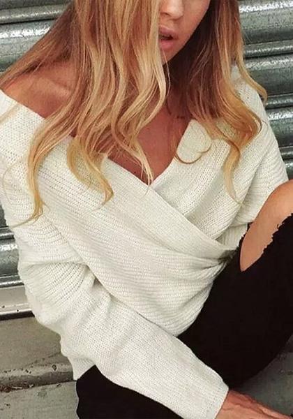 White Wrap Off-shoulder Sweater