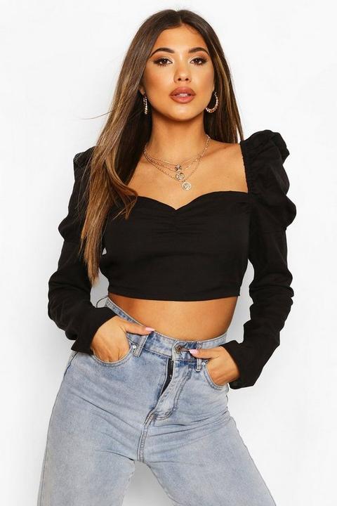 Womens Linen Crop Peasant Top - Black - 12, Black