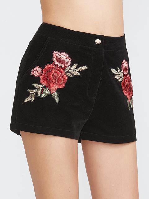 Pantalones Cortos Con Bordado De Rosa Negro