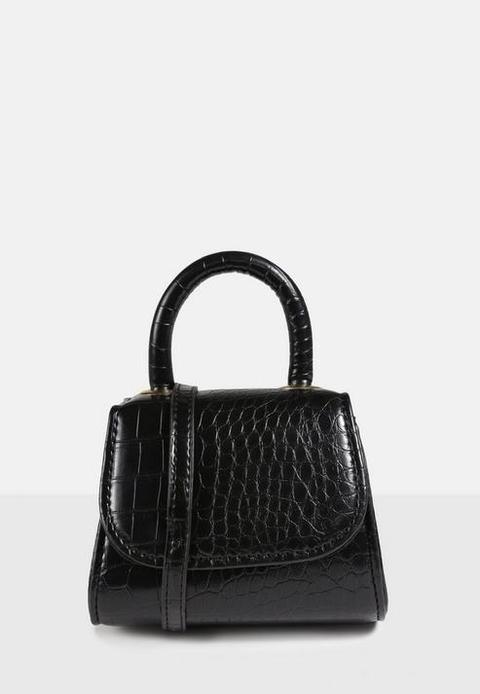 Black Croc Top Handle Cross Body Mini Bag, Black