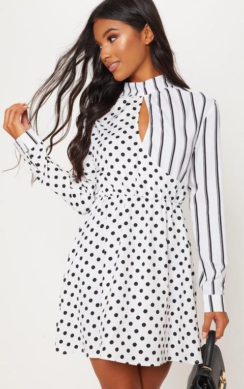 White Mix Print Key Hole Long Sleeve Skater Dress