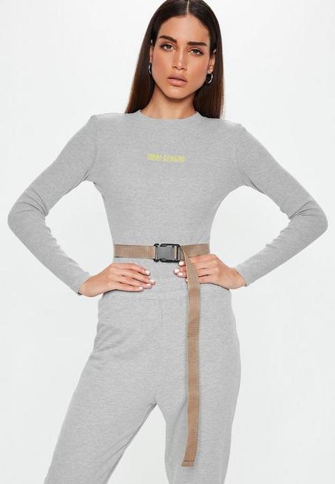 Grey Embroidered Slogan Buckle Front Bodysuit, Grey