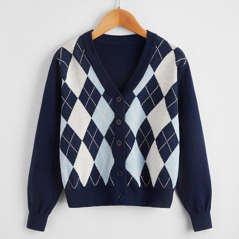 Girls Argyle Pattern Cardigan