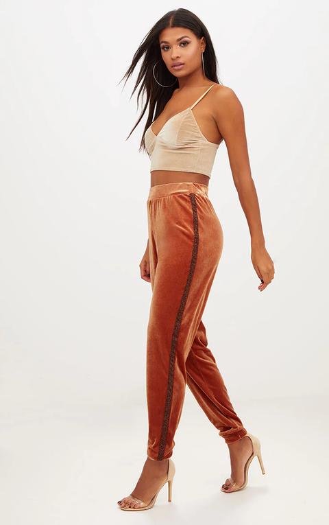 Rust Velvet Glitter Side Stripe Joggers, Orange