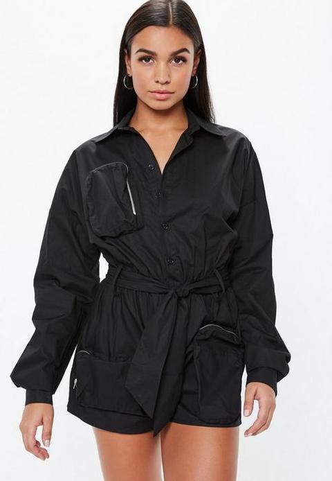 Black Oversized Cargo Utility Playsuit, Black