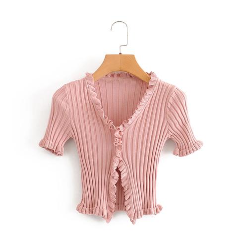 Frill Trim Ribbed Knit Cardigan