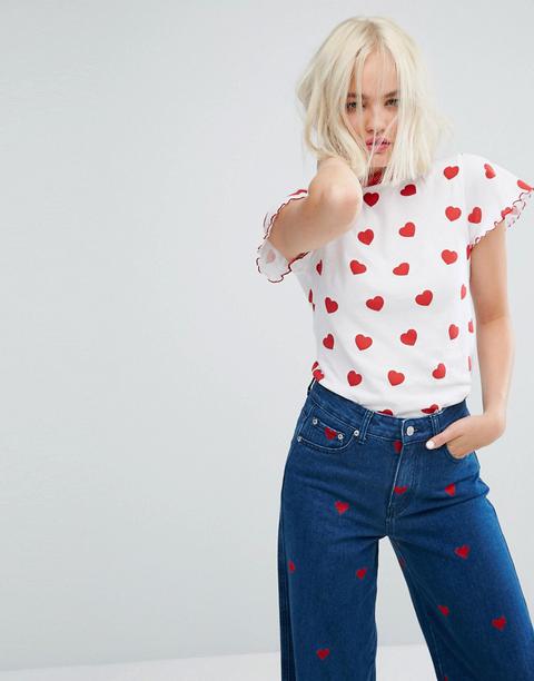 Lazy Oaf - T-shirt A Cuori Con Maniche Con Volant - Bianco