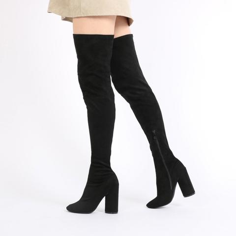 Eve Round Heel Long Boots In Black Faux 