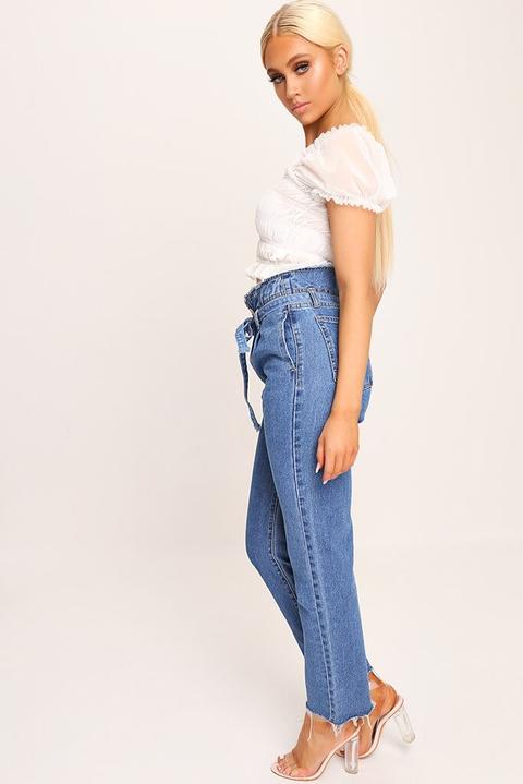 Blue High Waisted Frayed Belt Mom Jeans