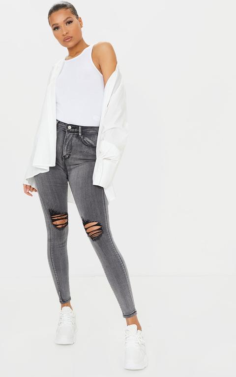 Prettylittlething Grey 5 Pocket Knee Rip Skinny Jeans