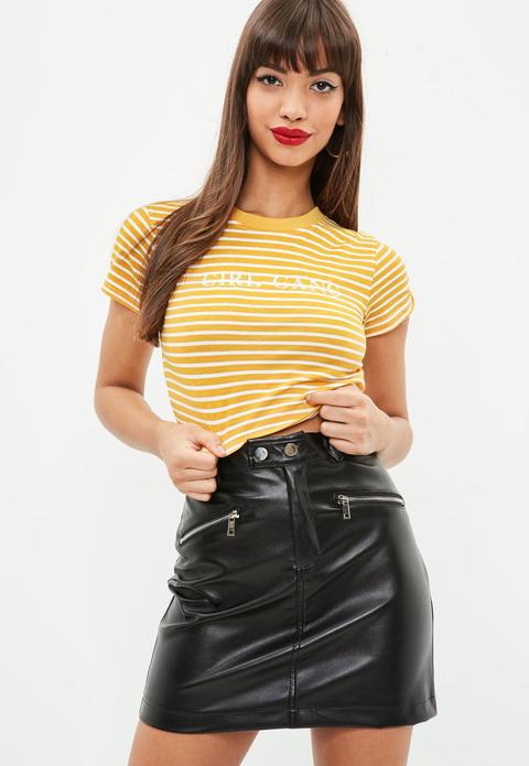 Yellow Girl Gang Embroidered Striped Crop Top, Yellow