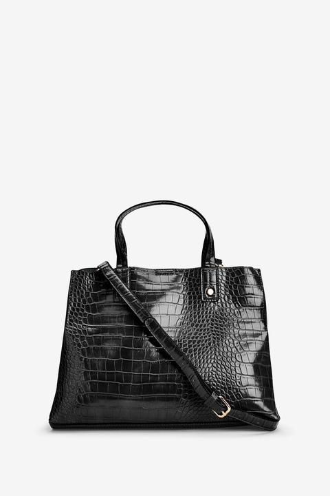 Womens Next Black Croc Effect Three Compartment Tote Bag