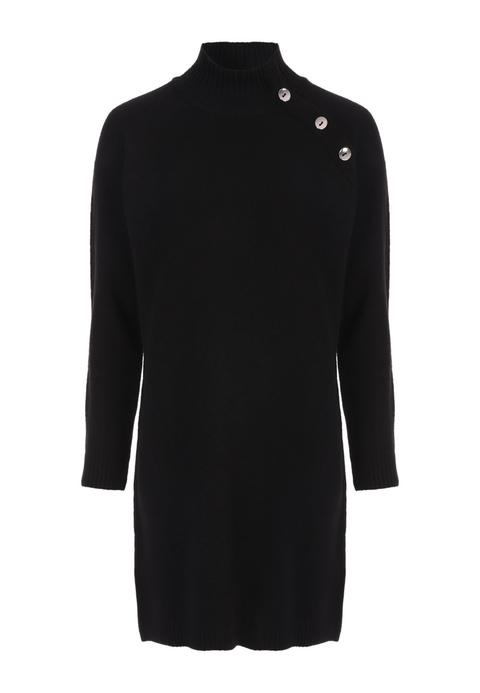 Womens Black Turtle Neck Button Jumper 