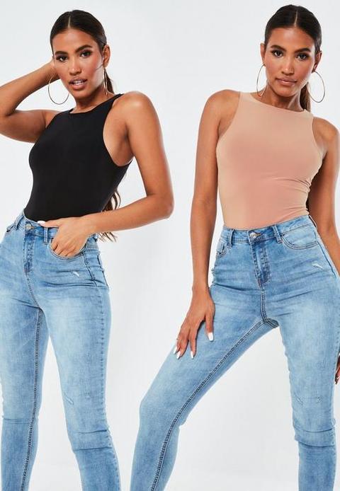 Petite Black & Nude Slinky Seam Free Racer Neck Vest Top 2 Pack, Multi