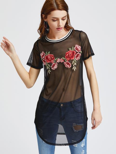 Vestido Con Parche De Rosa De Malla Transparente - Negro