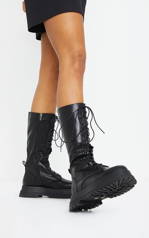 Black Lace Up Calf Chunky Boots