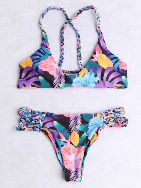 Sets De Bikini Con Estampado Tropical Con Tirante Trenzado - Multicolor