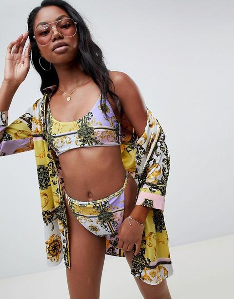 Top De Bikini Con Espalda A Tiras Y Estampado Barroco En Tonos Pastel De Asos Design