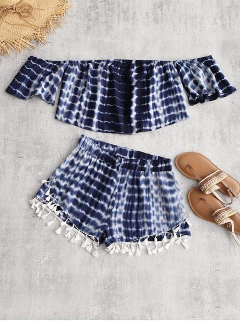 Tie Dye Off The Shoulder Top Y Shorts Con Borlas