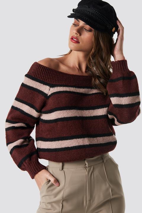 Color Striped Off Shoulder Knitted Sweater Rot