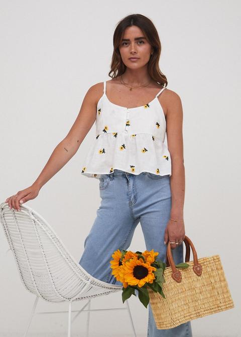 Top Tirantes Flores Bordadas Blanco