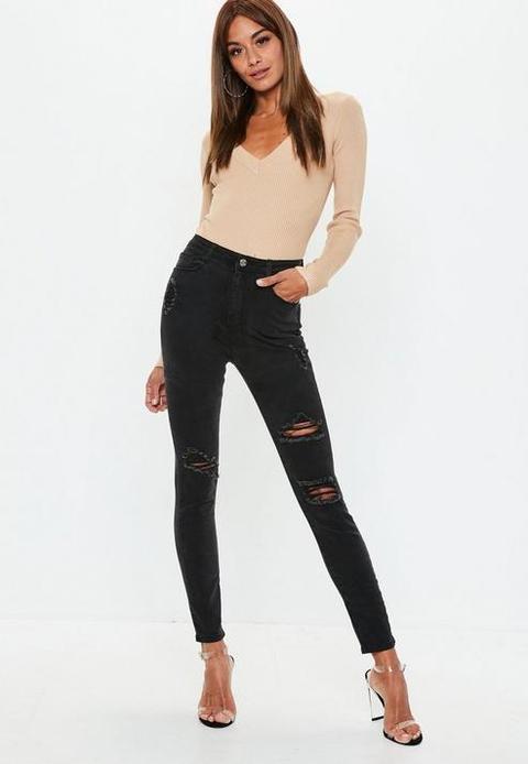 Petite Black High Waisted Authentic Ripped Skinny Jeans, Black