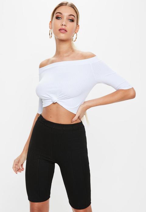 White Bardot Knot Ribbed Crop Top, White