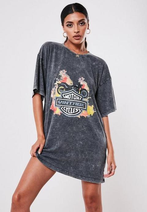 Dark Grey Acid Wash Motor Graphic T Shirt Dress, Grey