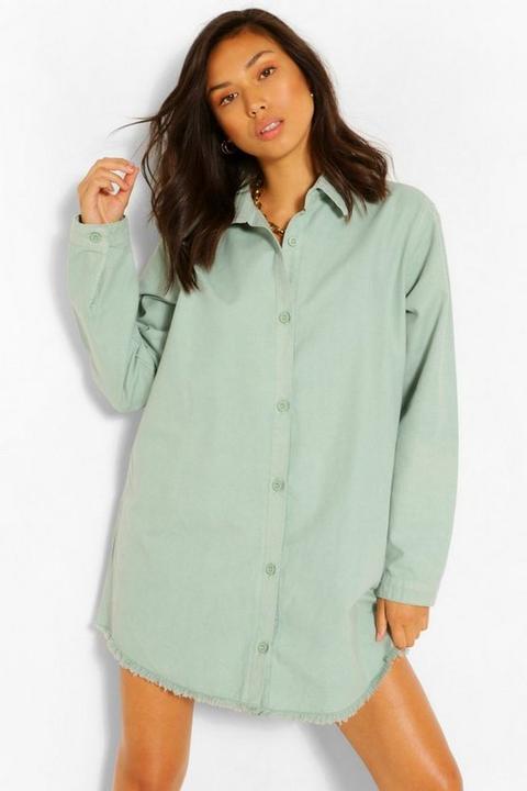 Robe Chemise En Jean Oversize À Ourlet Effiloché - Vert Mastic - 40, Vert Mastic