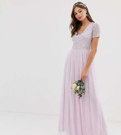 Maya Bridesmaid - Vestito Lungo In Tulle Lilla Pastello Con Scollo A V E Raffinate Paillettes Tono Su Tono - Viola